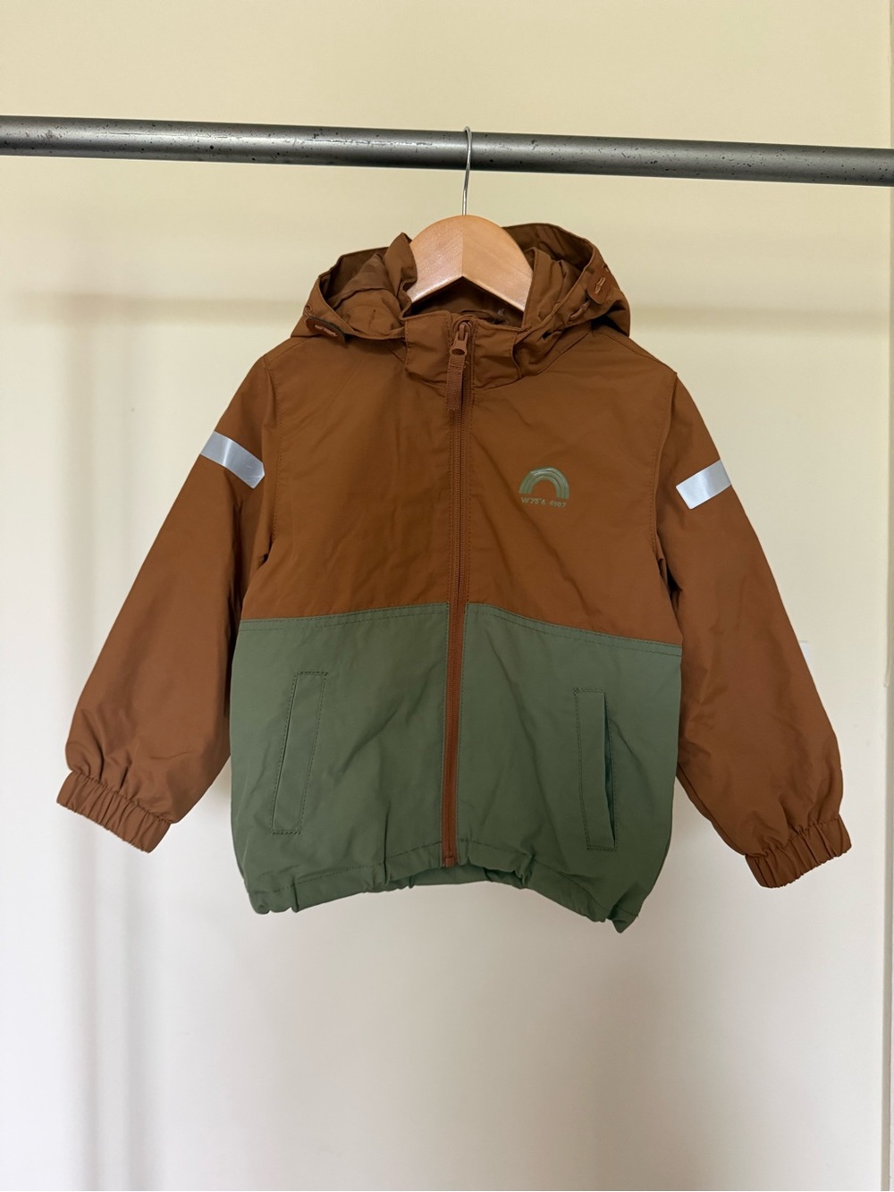 H&M Kids Hooded Two-Tone Raincoat in Brown & Olive Green